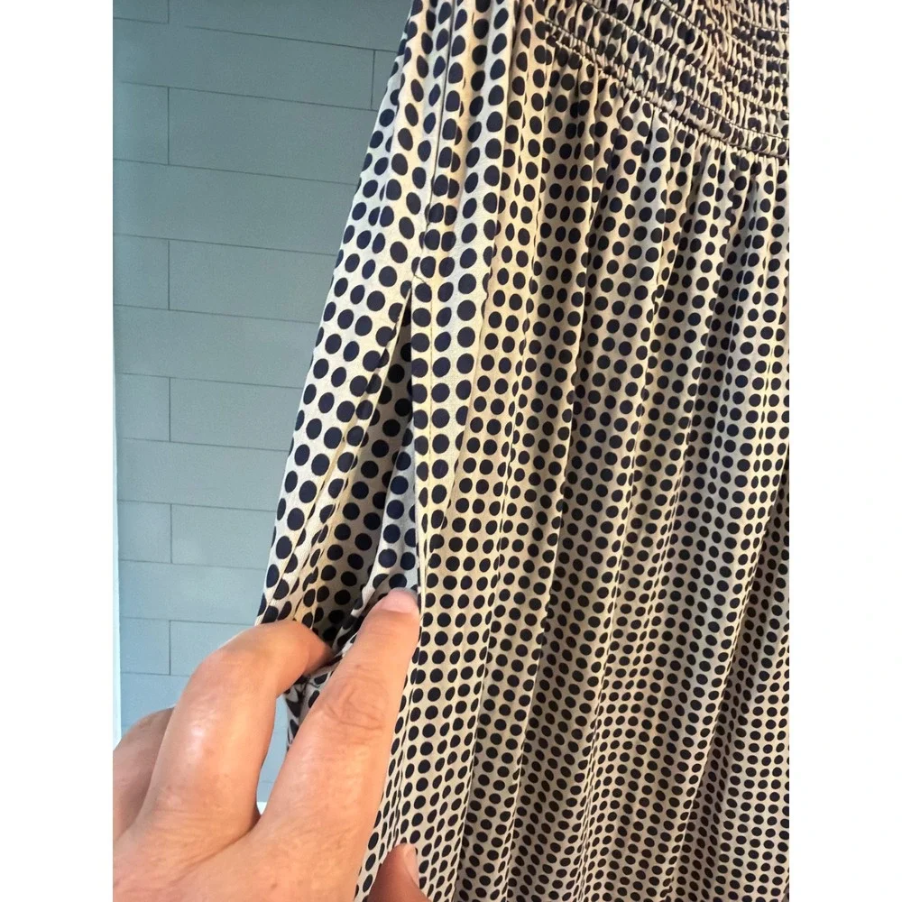 Tory Burch Silk Cotton Polka Dot Smocked Strapless Maxi Dress Navy Cream XL